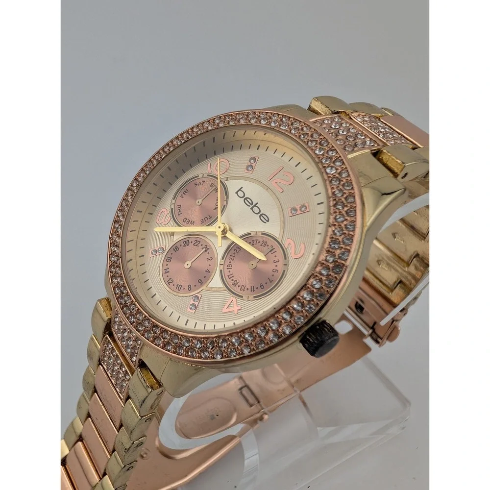 Bebe Watch Women 40mm Rose Gold Case Crystal‎ Bezel 7" Band- New Battery - Picture 3 of 8